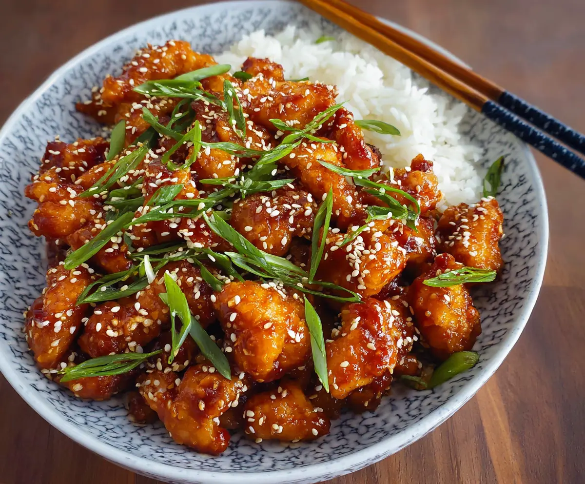 Delicious sesame chicken served with sesame seeds and vegetables on a white plate.