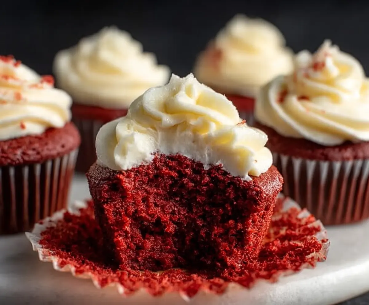 Delicious small batch red velvet cupcakes topped with cream cheese frosting for a perfect treat.