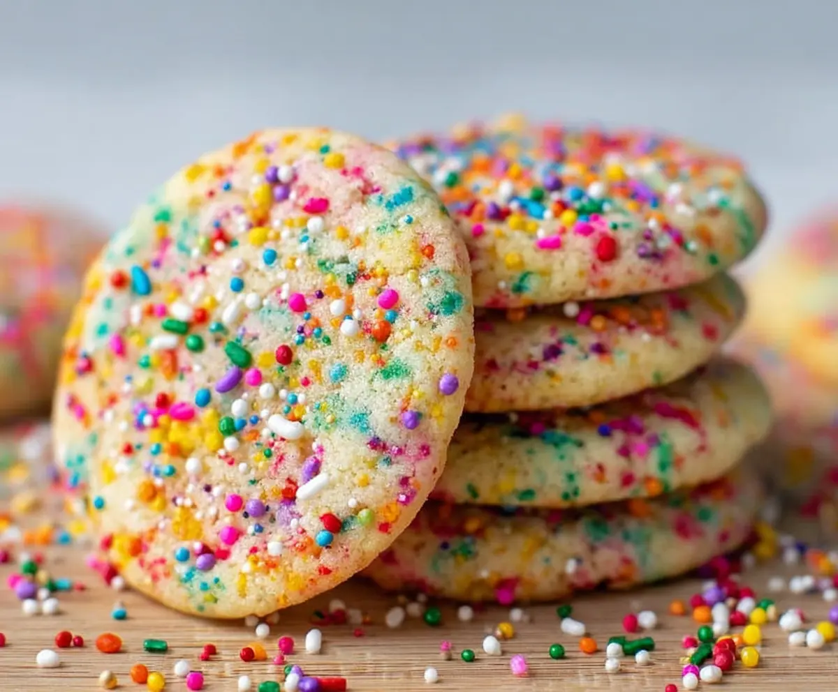 Delicious sprinkle cookies with colorful sugar toppings on a baking tray