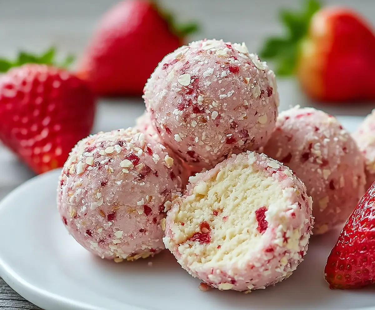 Healthy strawberry cheesecake protein balls covered in fresh strawberries and crushed biscuits