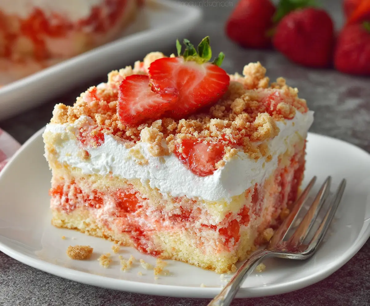 Strawberry Crunch Poke Cake