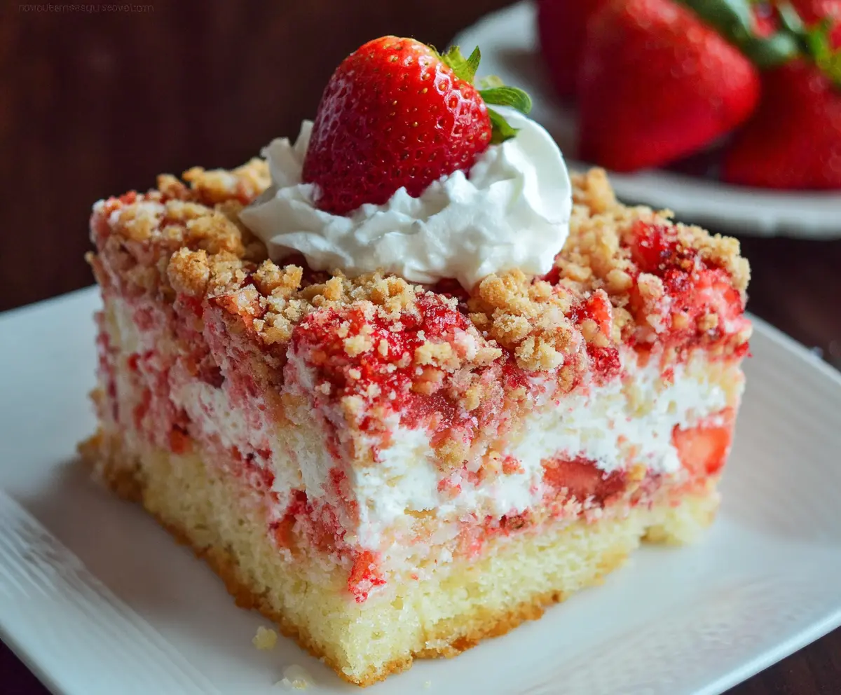 Delicious Strawberry Crunch Poke Cake with fresh strawberries and crunchy topping.