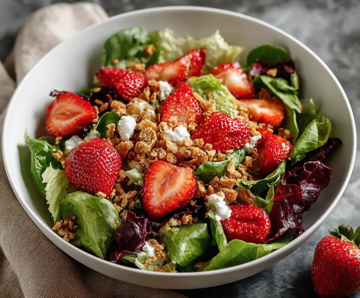 Fresh strawberry crunch salad served in a glass bowl with vibrant fruits and crunchy topping