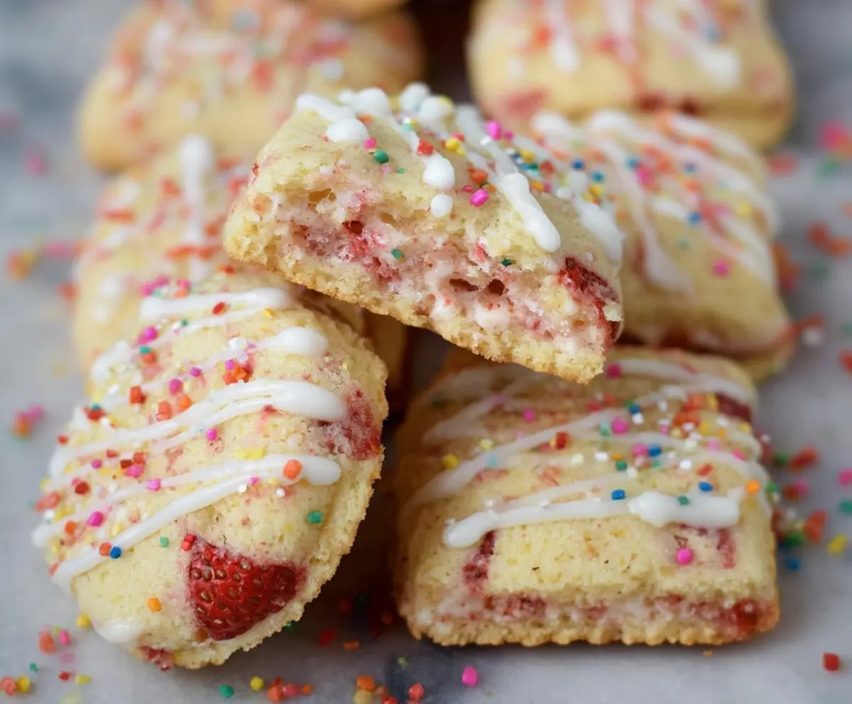Delicious homemade strawberry Pop Tart cookies with vibrant red strawberry filling and flaky golden crust.
