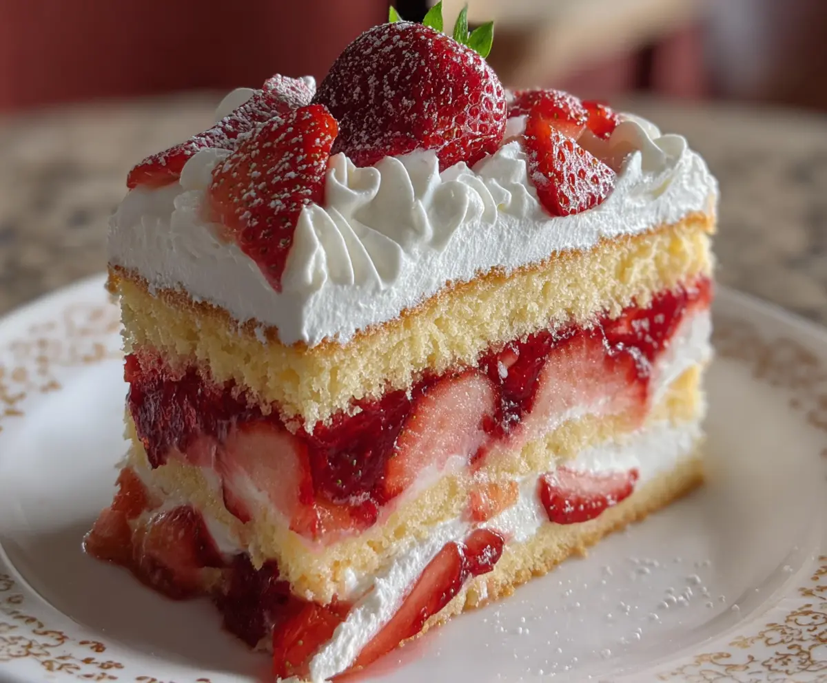 Delicious strawberry shortcake with fresh strawberries, whipped cream, and flaky biscuit layers.