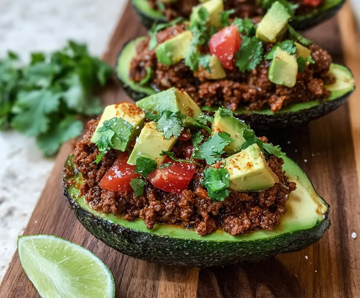 Delicious stuffed avocado taco boats filled with colorful ingredients and fresh toppings.