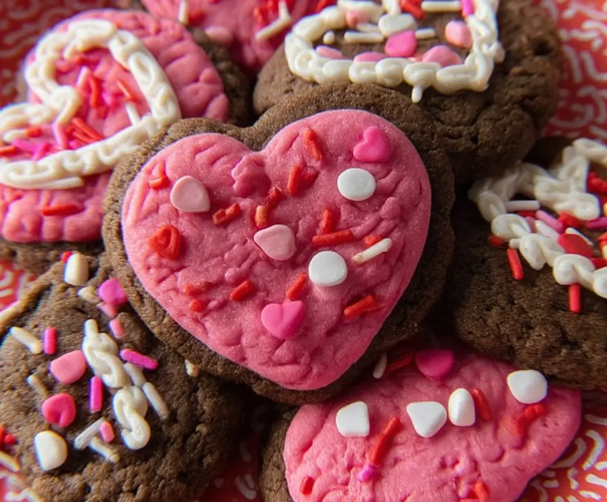 Decorative Valentine cookies with red and pink icing for Valentine's Day celebration.