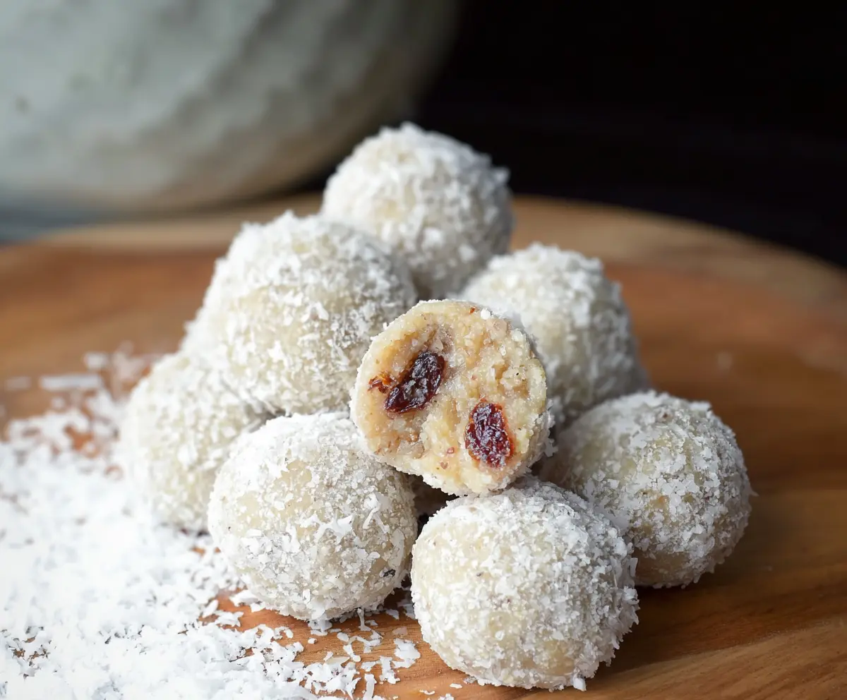 Healthy vanilla protein balls with coconut flakes and chocolate chips on a wooden surface