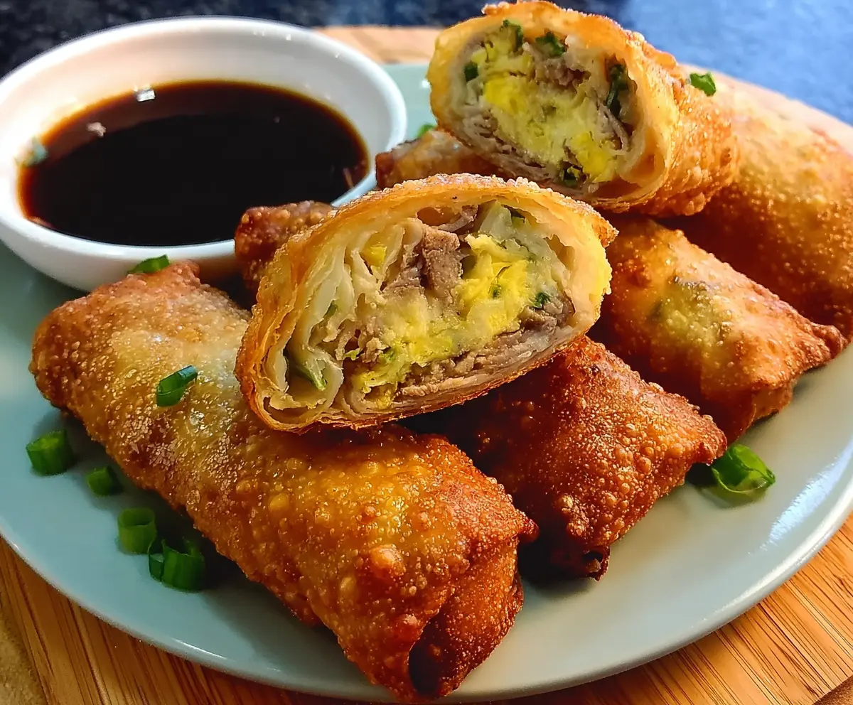 Crispy and golden authentic Chinese egg rolls served with dipping sauce on a plate.