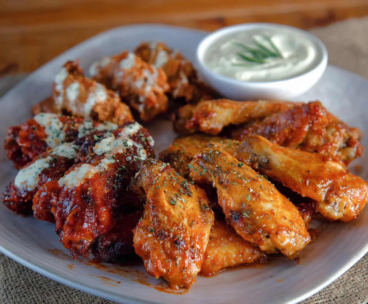 Crispy buffalo wings with spicy buffalo sauce served with celery sticks and blue cheese dip