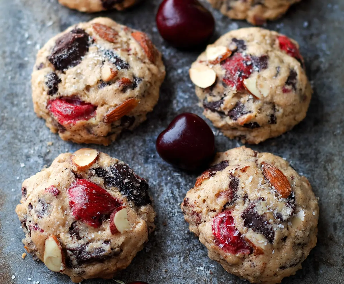 Delicious cherry and almond chocolate chip cookies on a baking tray