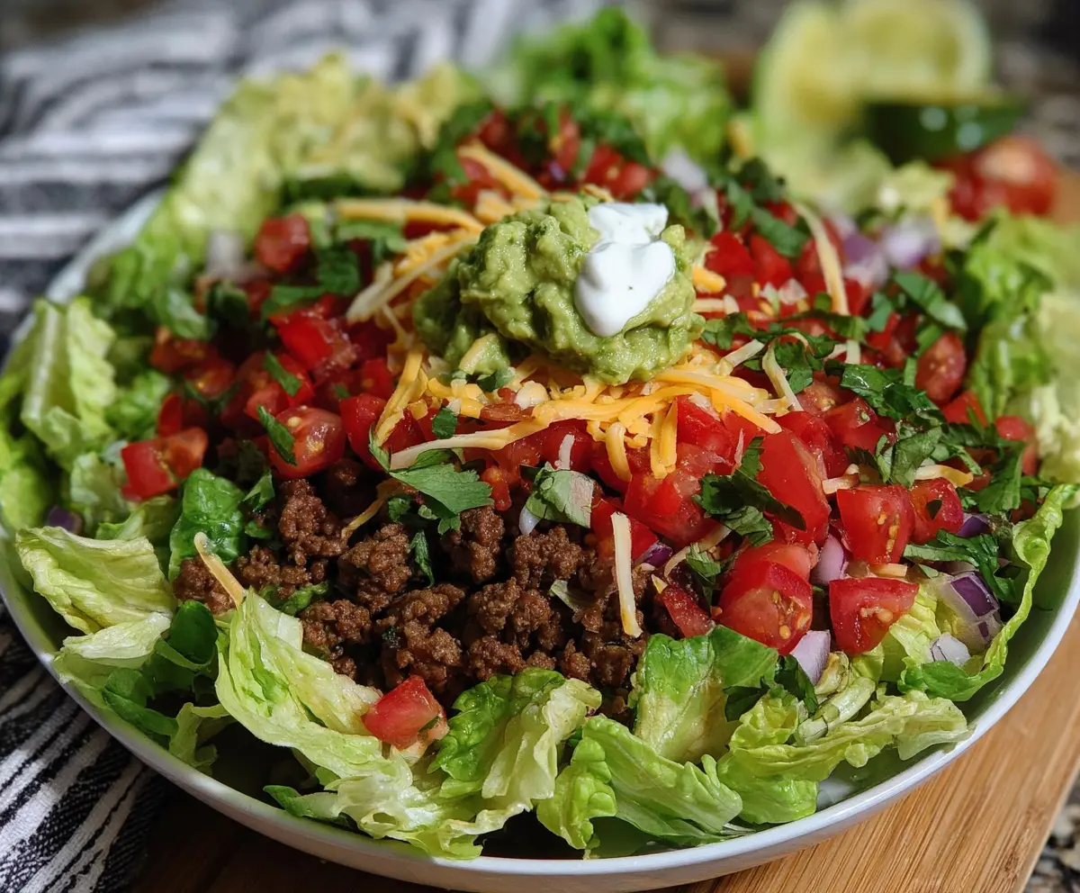 Colorful Cinco de Mayo taco salad with fresh vegetables and seasoned meat in a vibrant dish.