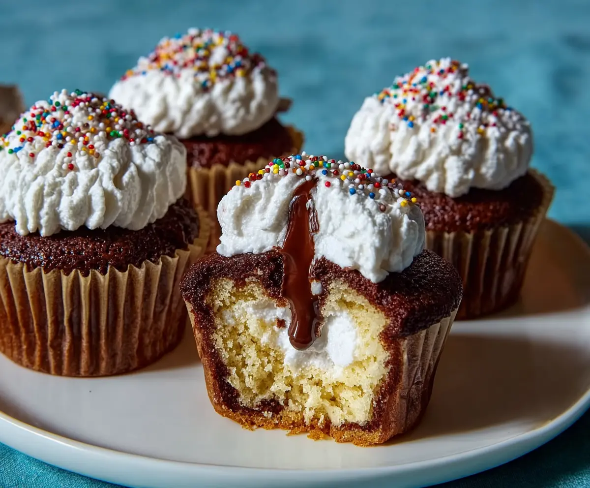 Delicious cream-filled cupcakes with fluffy frosting and a sweet filling, perfect for dessert or parties.
