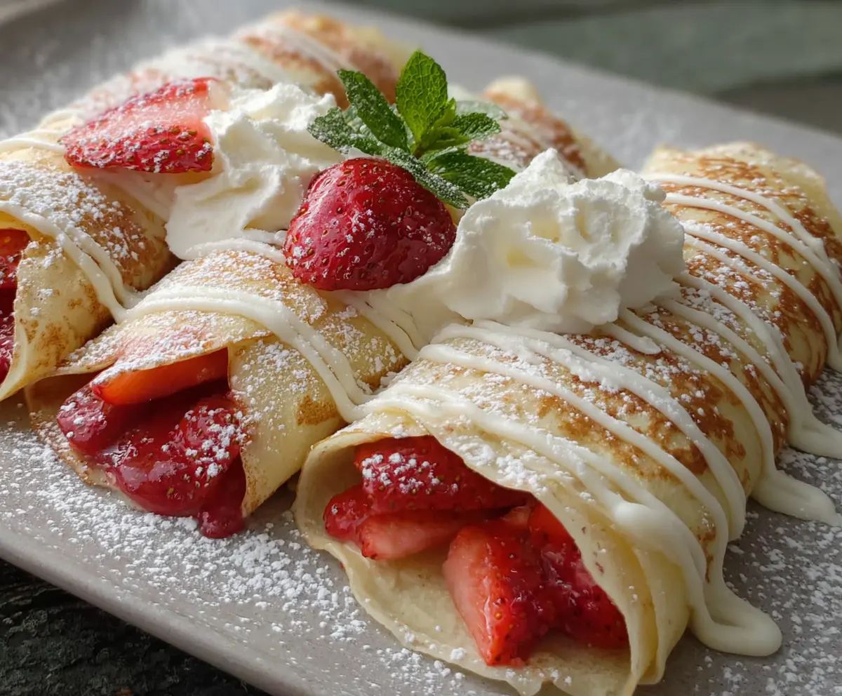 Delicious creamy strawberry-filled crepes topped with fresh strawberries for a delightful breakfast.