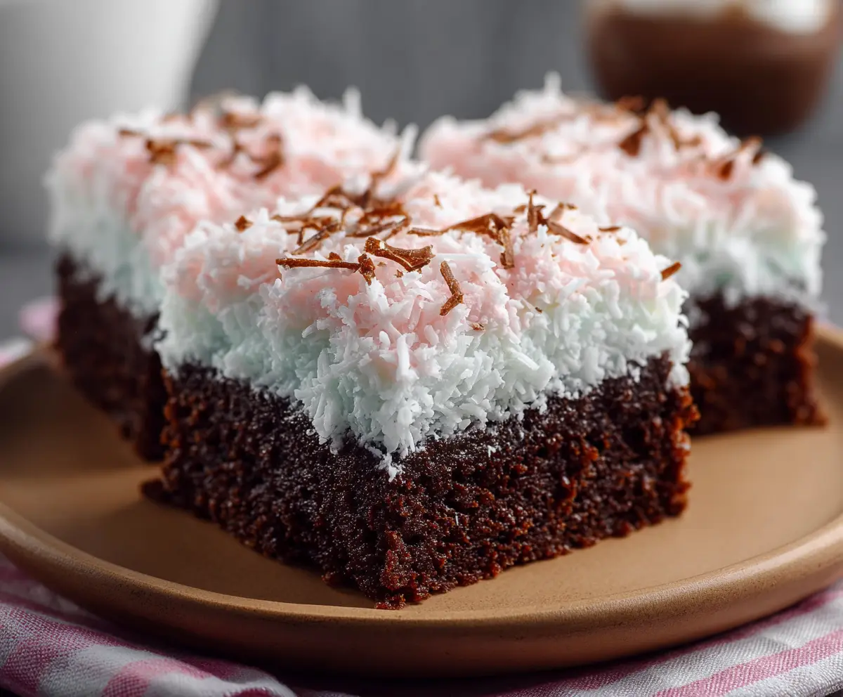 Delicious sno ball brownies with marshmallow and coconut topping on a plate.