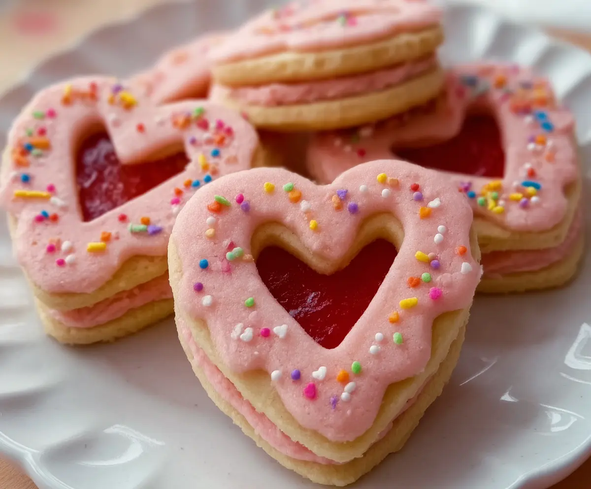 Delicious Easy Valentine Sandwich Cookies with pink and red icing for Valentine's Day celebration