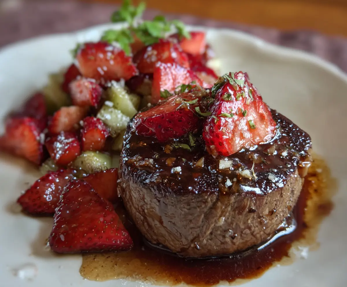 Delicious filet mignon served with fresh balsamic strawberries for a gourmet appetizer.