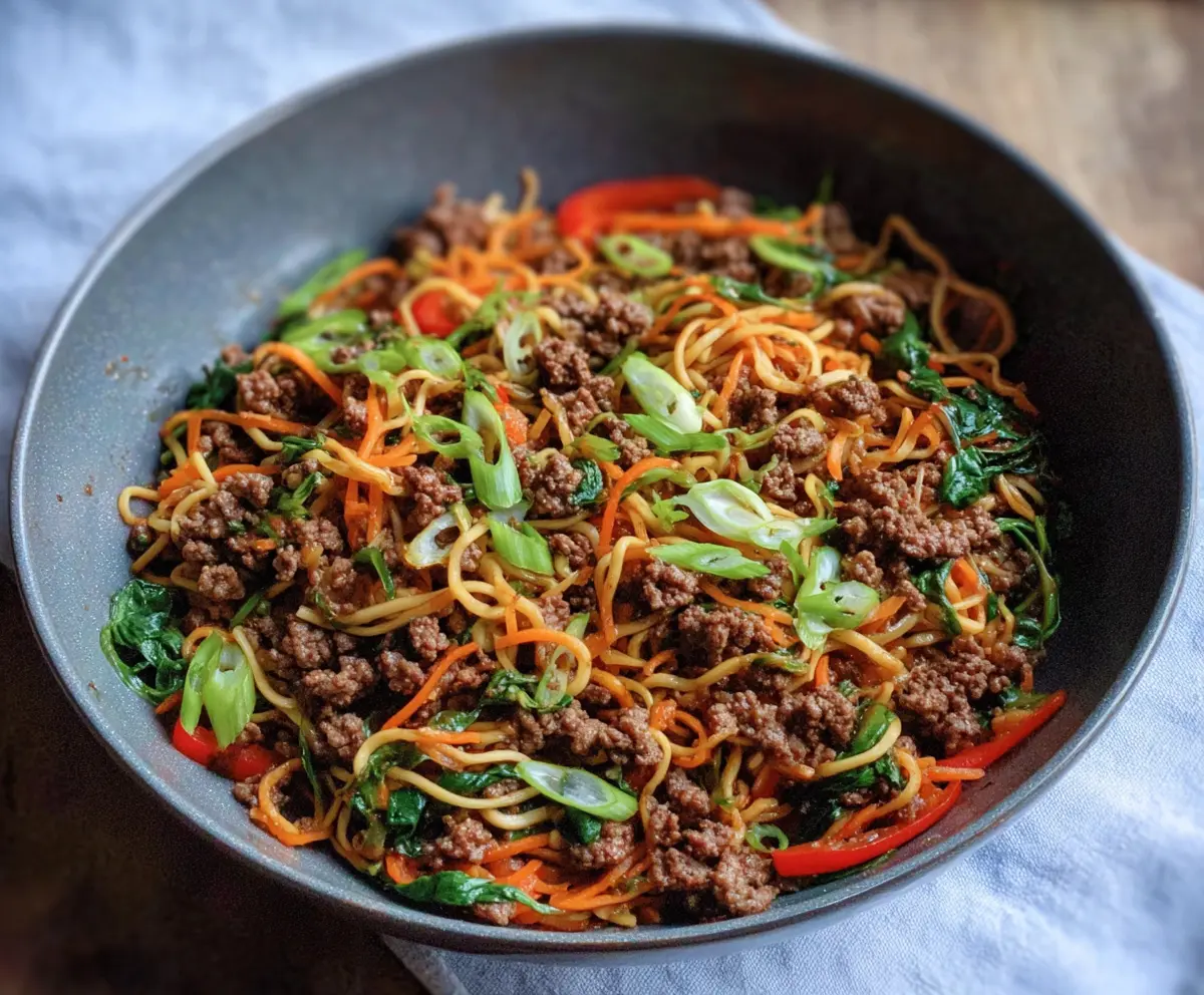Delicious Ground Beef Chow Mein made with Whole30-approved ingredients on a plate.