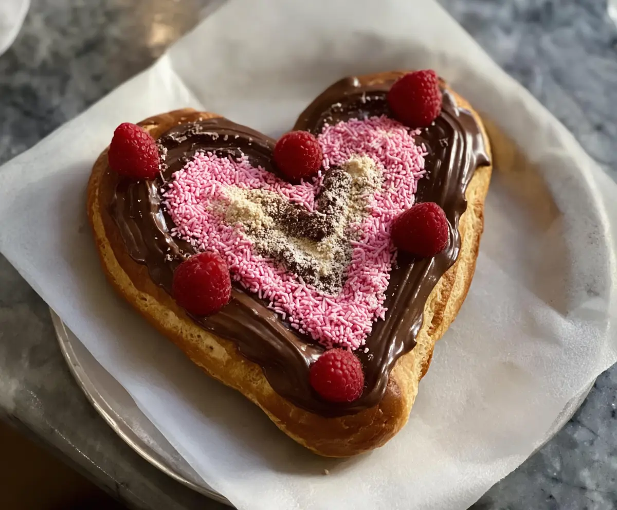 Delicious heart-shaped chocolate éclairs with glossy chocolate glaze on a decorative plate