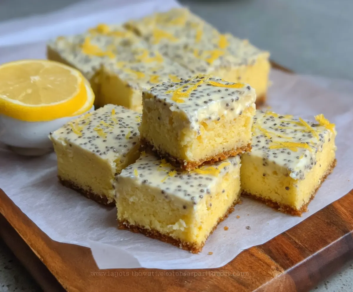 Delicious keto lemon poppy seed cottage cheese bars on a baking tray, showcasing their bright lemon glaze and crispy texture.
