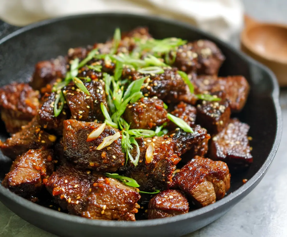 Delicious Korean Steak Bites served on a plate with fresh herbs and dipping sauce