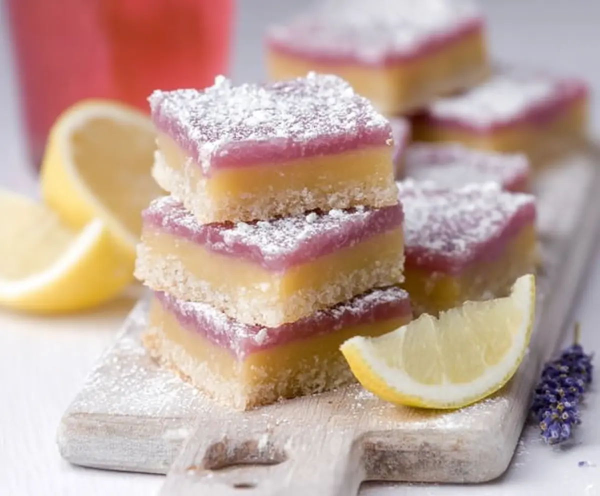 Delicious lavender lemon bars on a serving plate, showcasing a bright yellow citrus filling and delicate lavender topping.