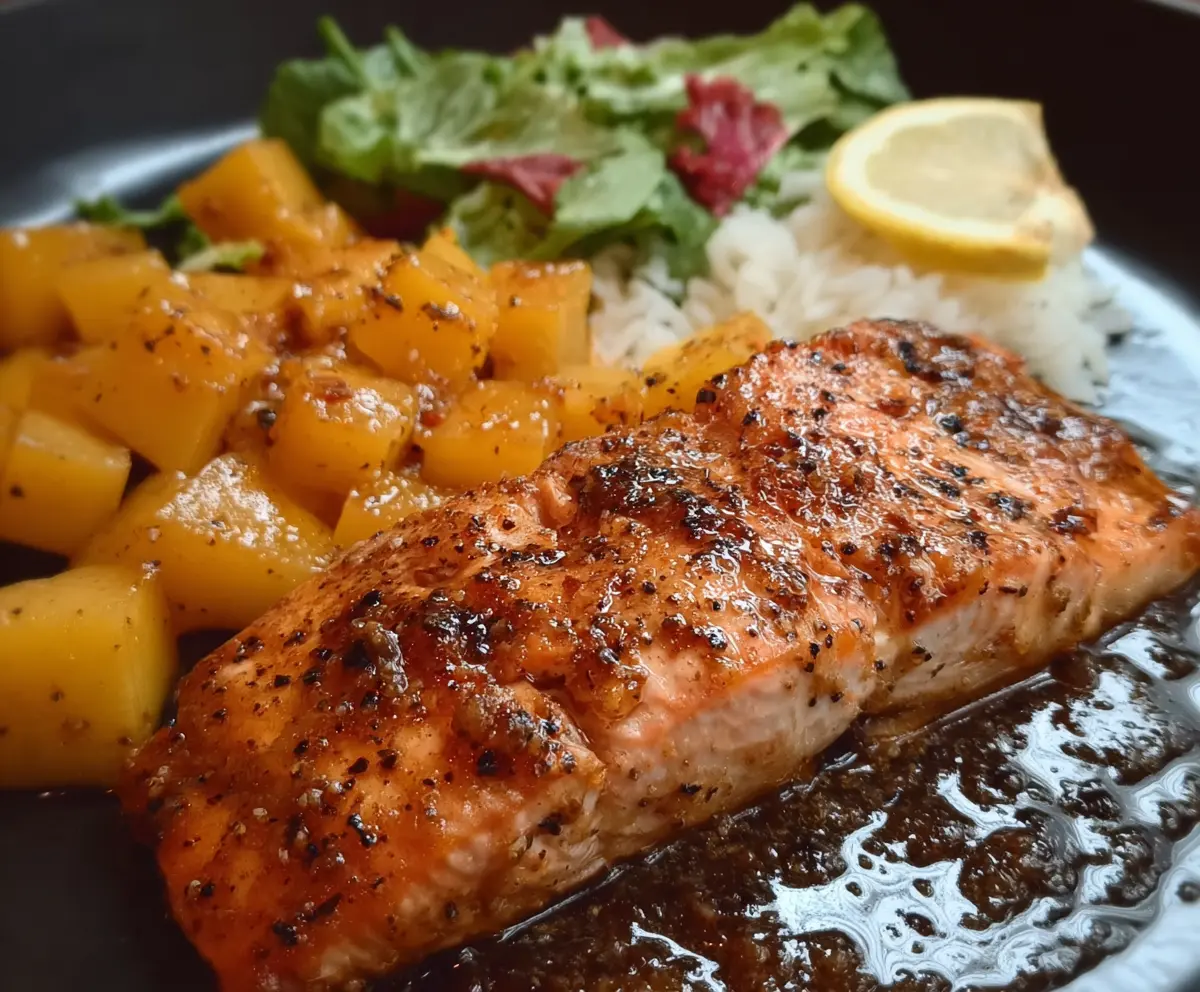 Delicious Maple Salmon fillet garnished with fresh herbs on a white plate.