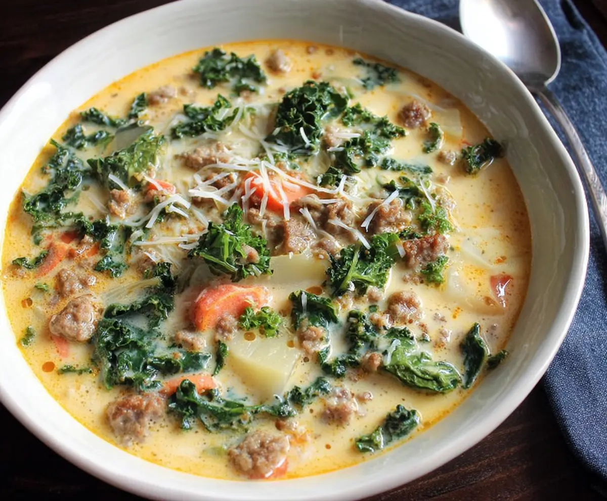 Delicious Paleo Creamy Dreamy Sausage and Kale Soup served in a bowl with fresh ingredients