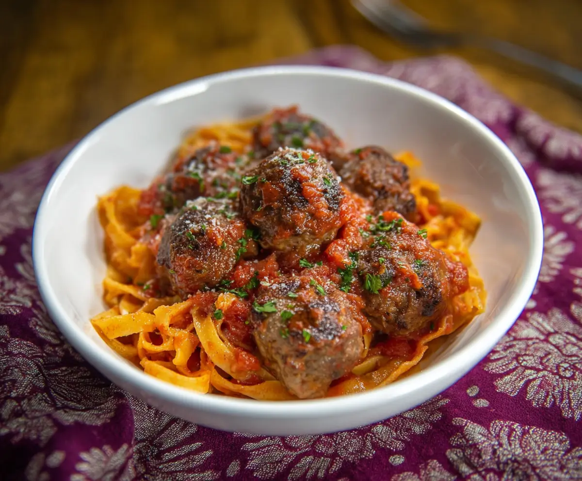 Delicious pasta with homemade meatballs and rich tomato sauce, perfect for a comforting meal.