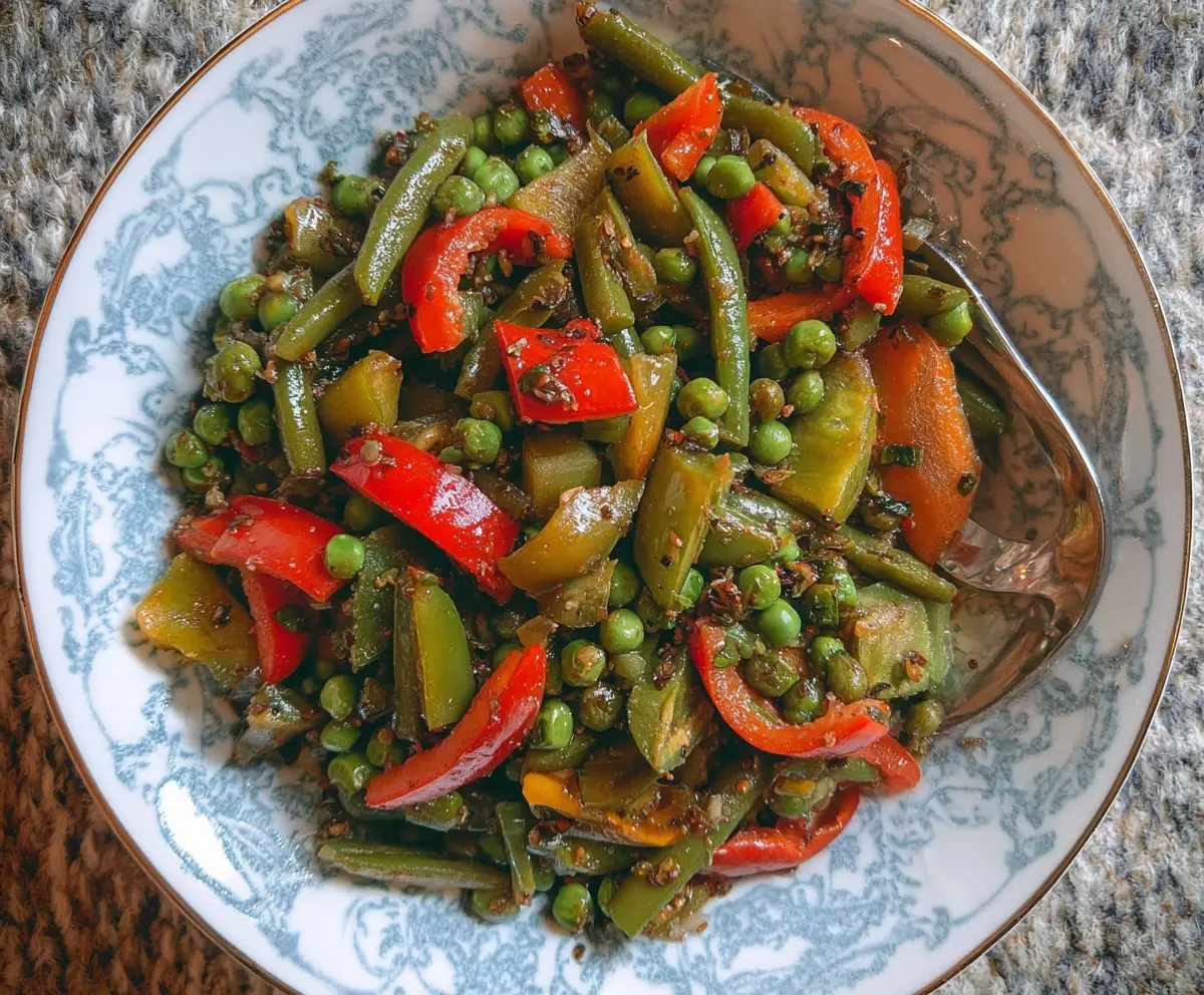Colorful peas and peppers stir fry with fresh vegetables and savory sauce.