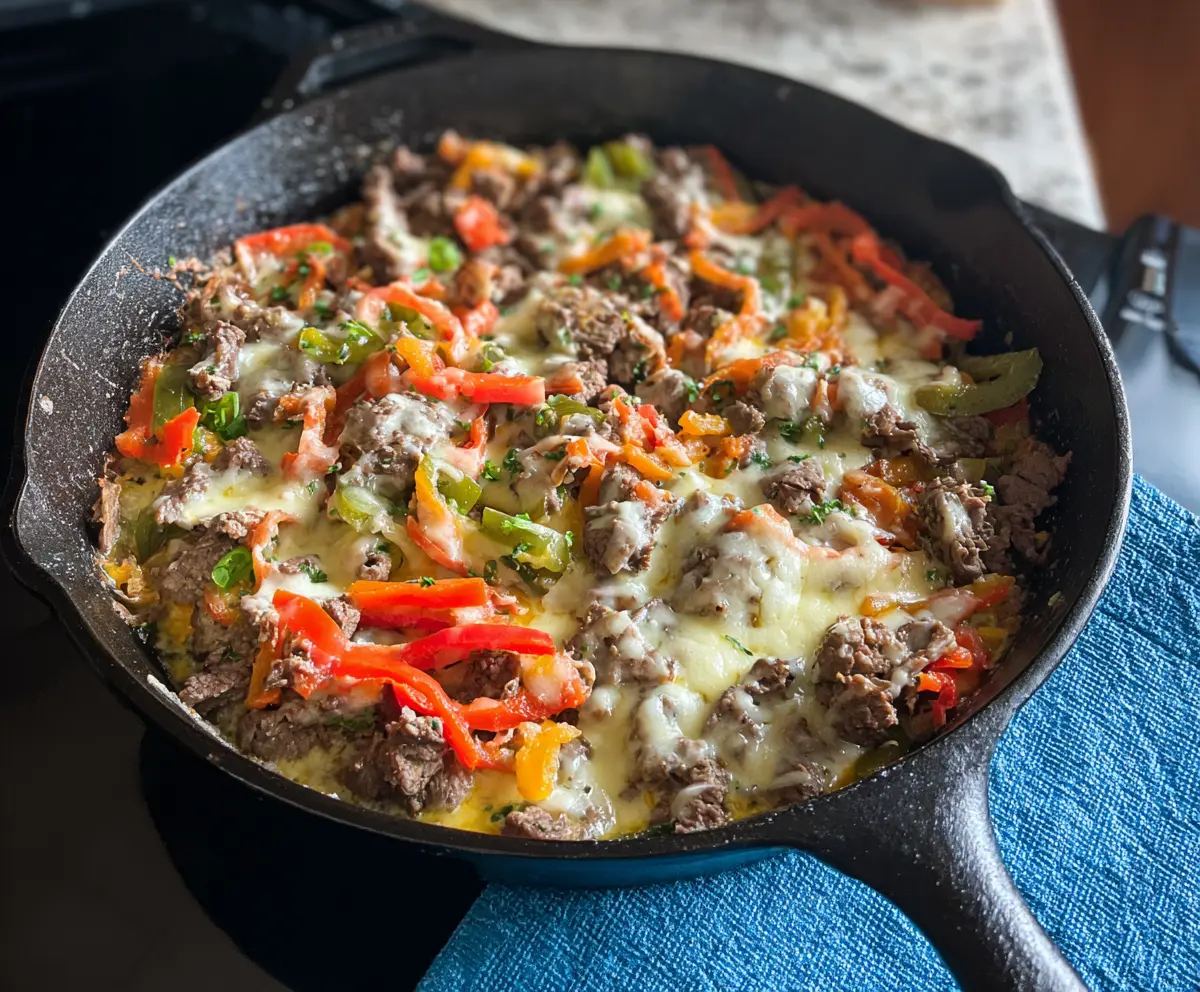 Delicious Philly Cheesesteak Skillet prepared with tender steak and melted cheese, perfect for keto lovers.