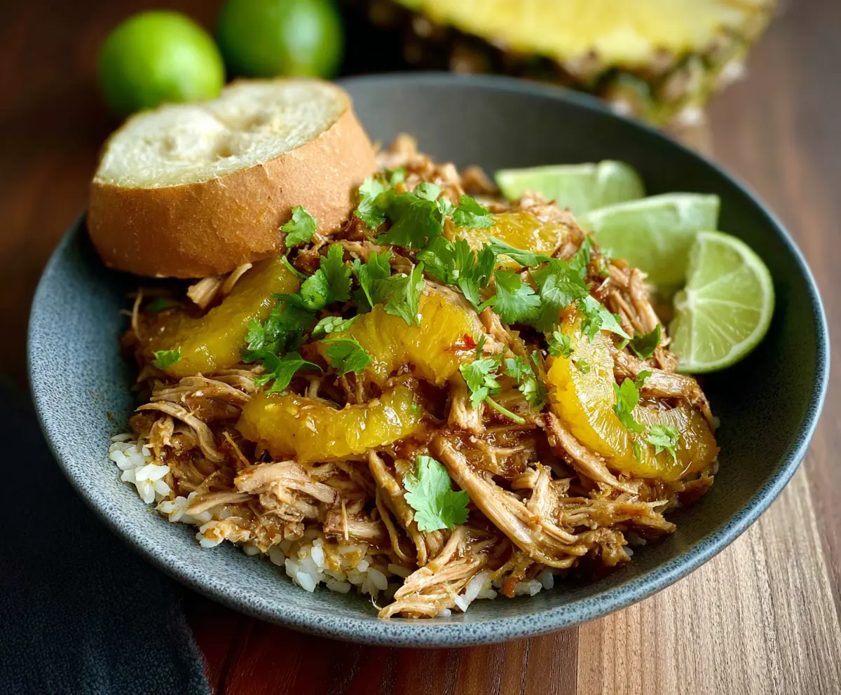 Delicious Pineapple Thai Pulled Pork served with fresh herbs and tropical pineapple slices.