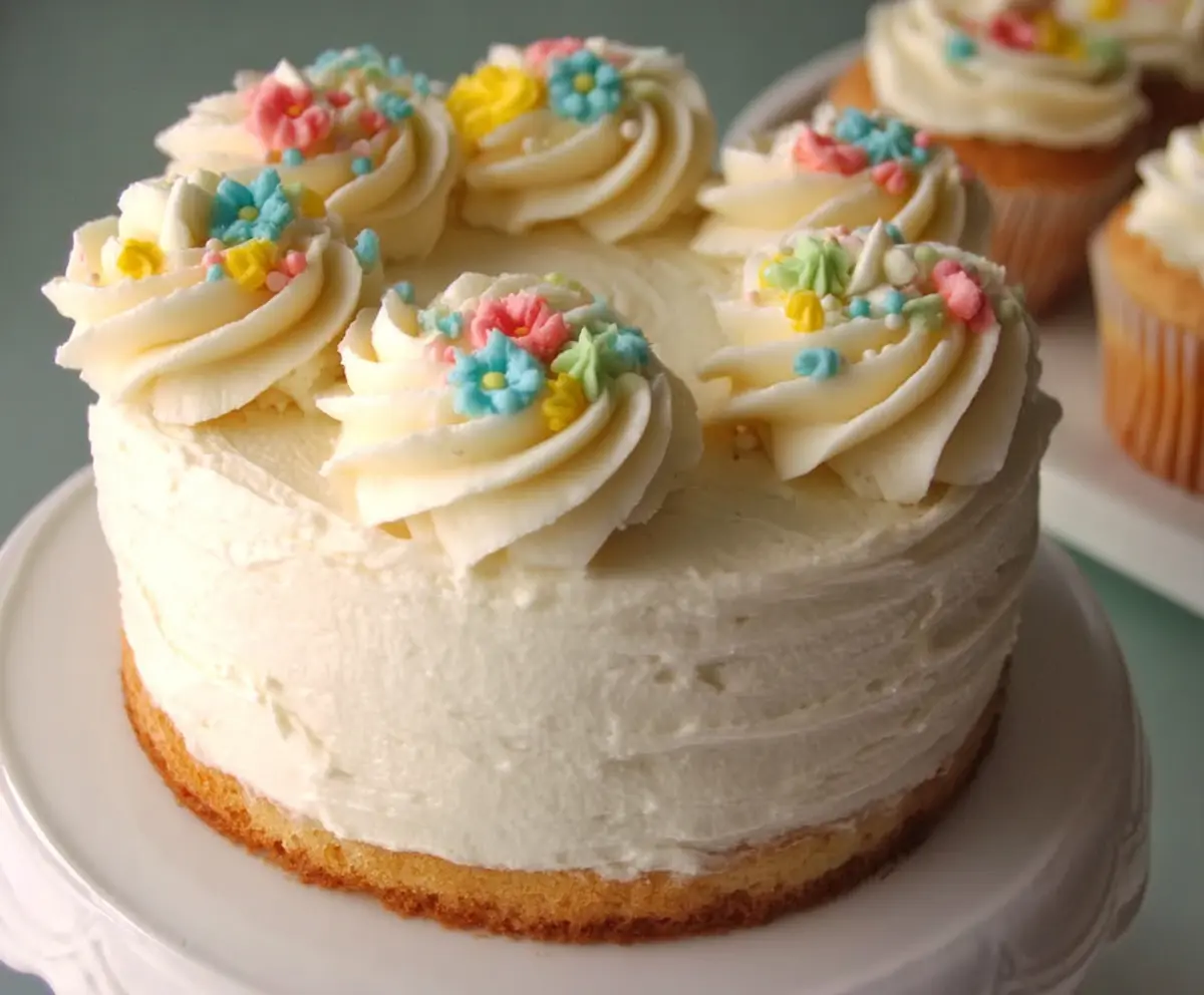 Creamy buttercream icing smooth and ready for decorating cakes and cupcakes.