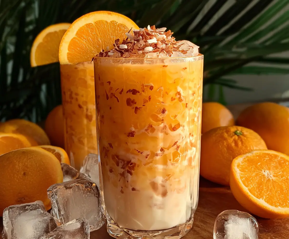 A vibrant image of a tropical drink called Refreshing Coconut Orange Glow, featuring coconut flakes, orange slices, and a refreshing citrus appearance.