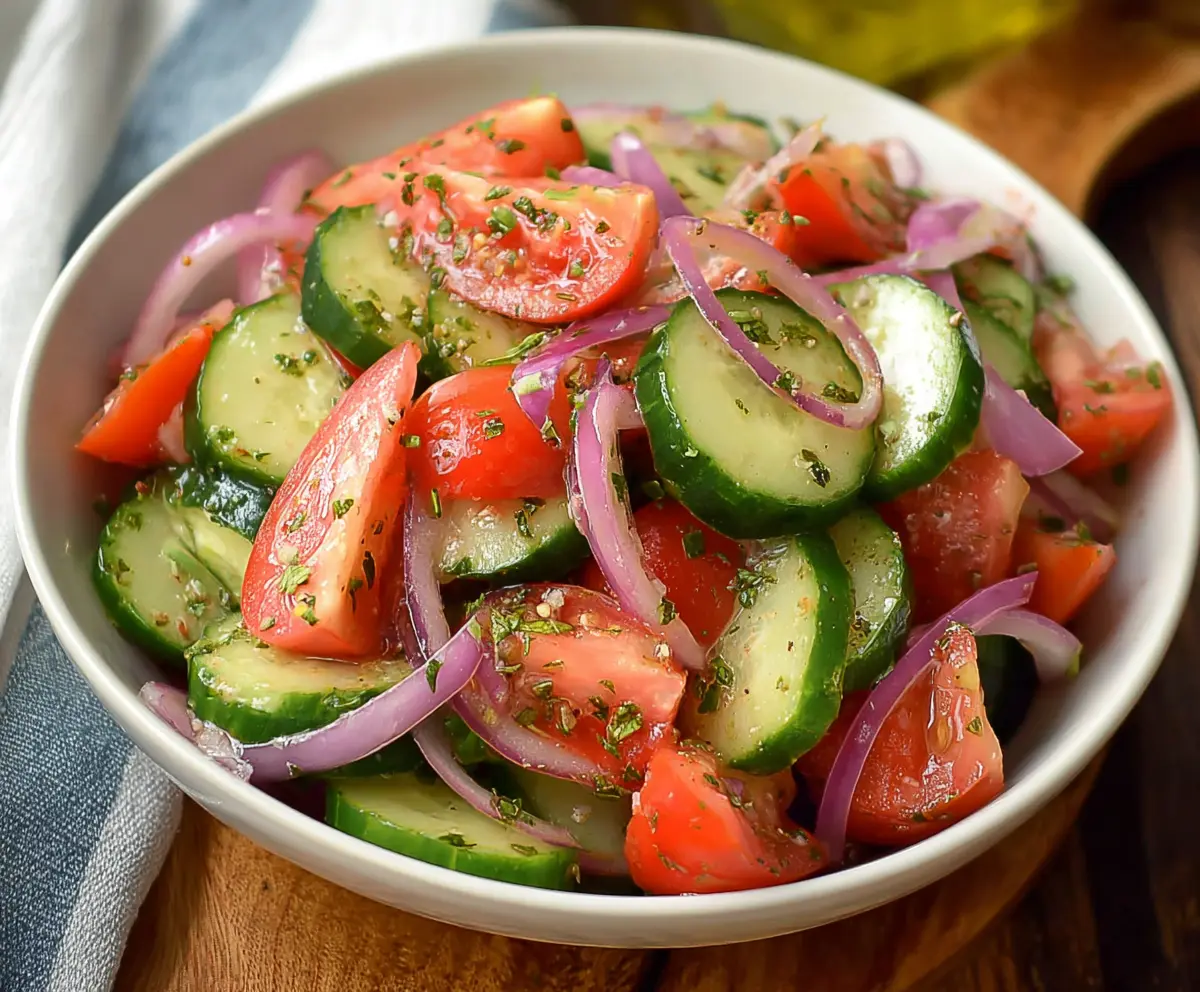 Bright and fresh cucumber tomato red onion salad perfect for summer refreshment.