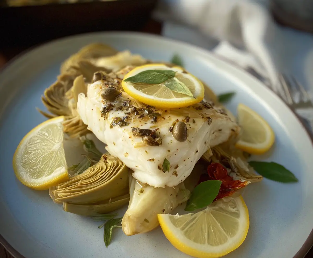 Delicious roasted halibut with artichokes and lemon on a plate, perfect for a healthy seafood dinner.