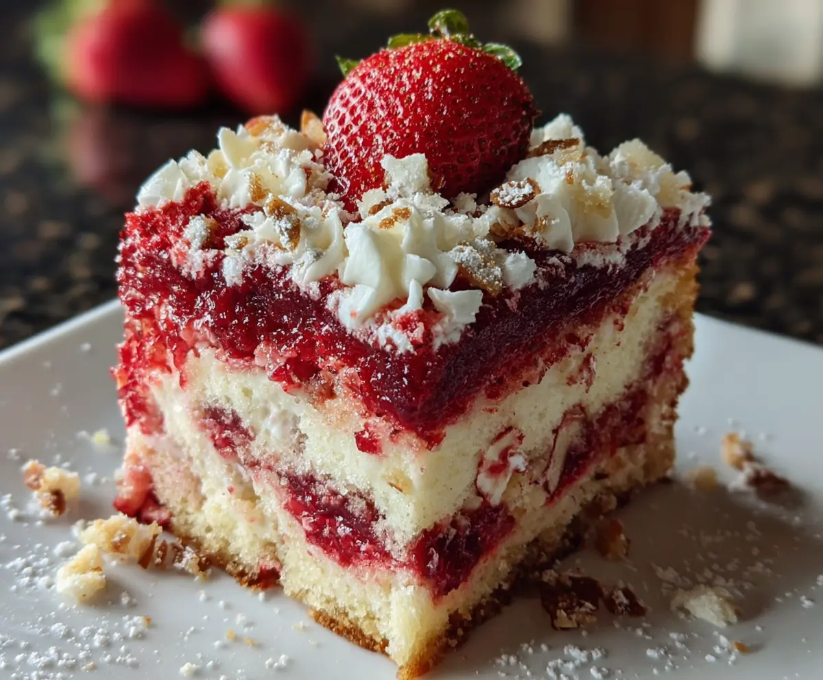 Delicious Strawberry Earthquake Cake with fresh strawberries and rich frosting.