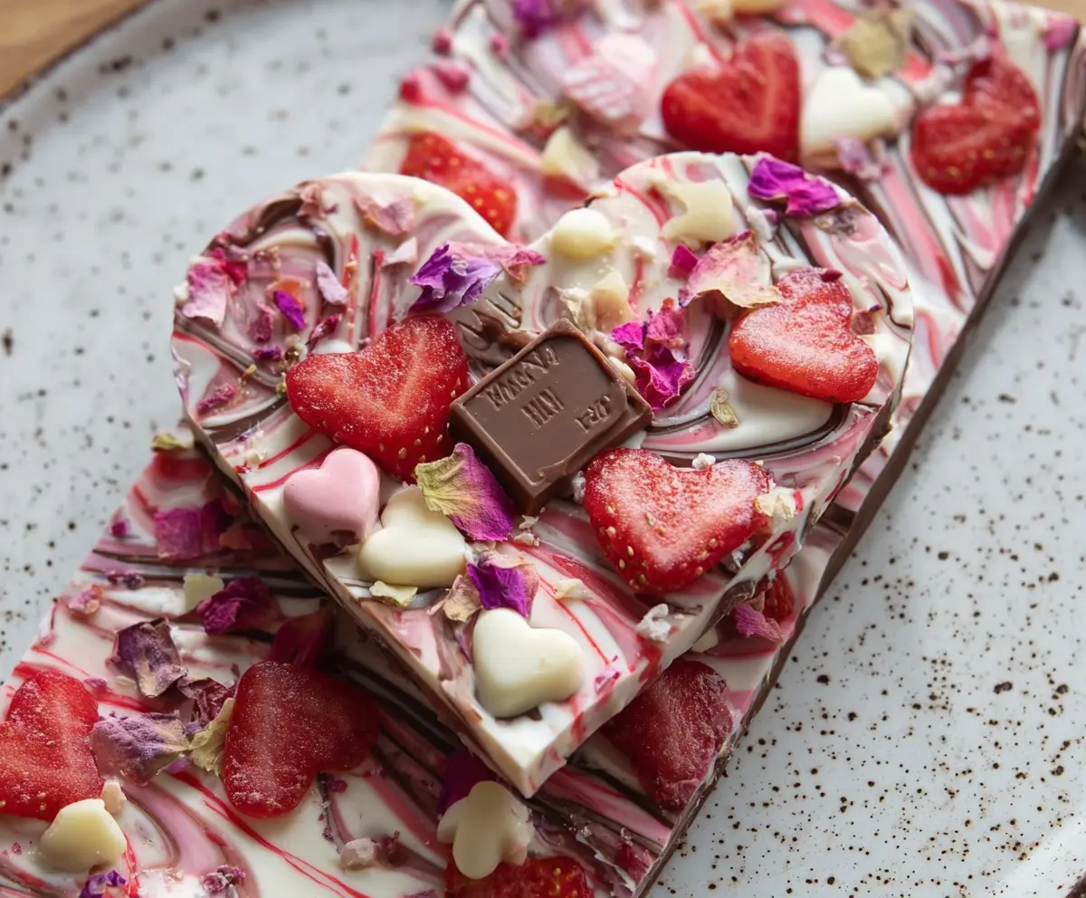 Delicious strawberry heart-shaped chocolate bark on a rustic plate, perfect for Valentine's Day treats.