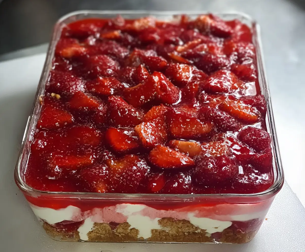 Delicious strawberry pretzel salad with cream cheese topping and fresh strawberries on a serving dish