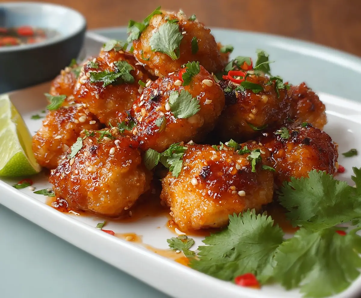 Delicious Thai Chicken Bites appetizer with crispy coating and flavorful spices.