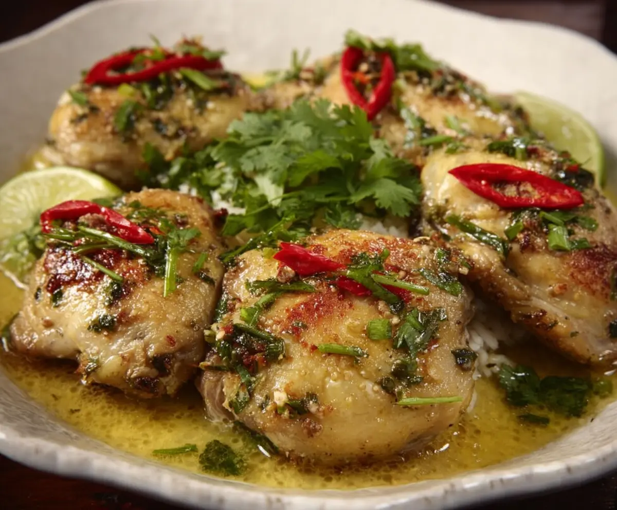 Juicy Thai-inspired steamed chicken thighs garnished with fresh herbs and served with steamed vegetables.