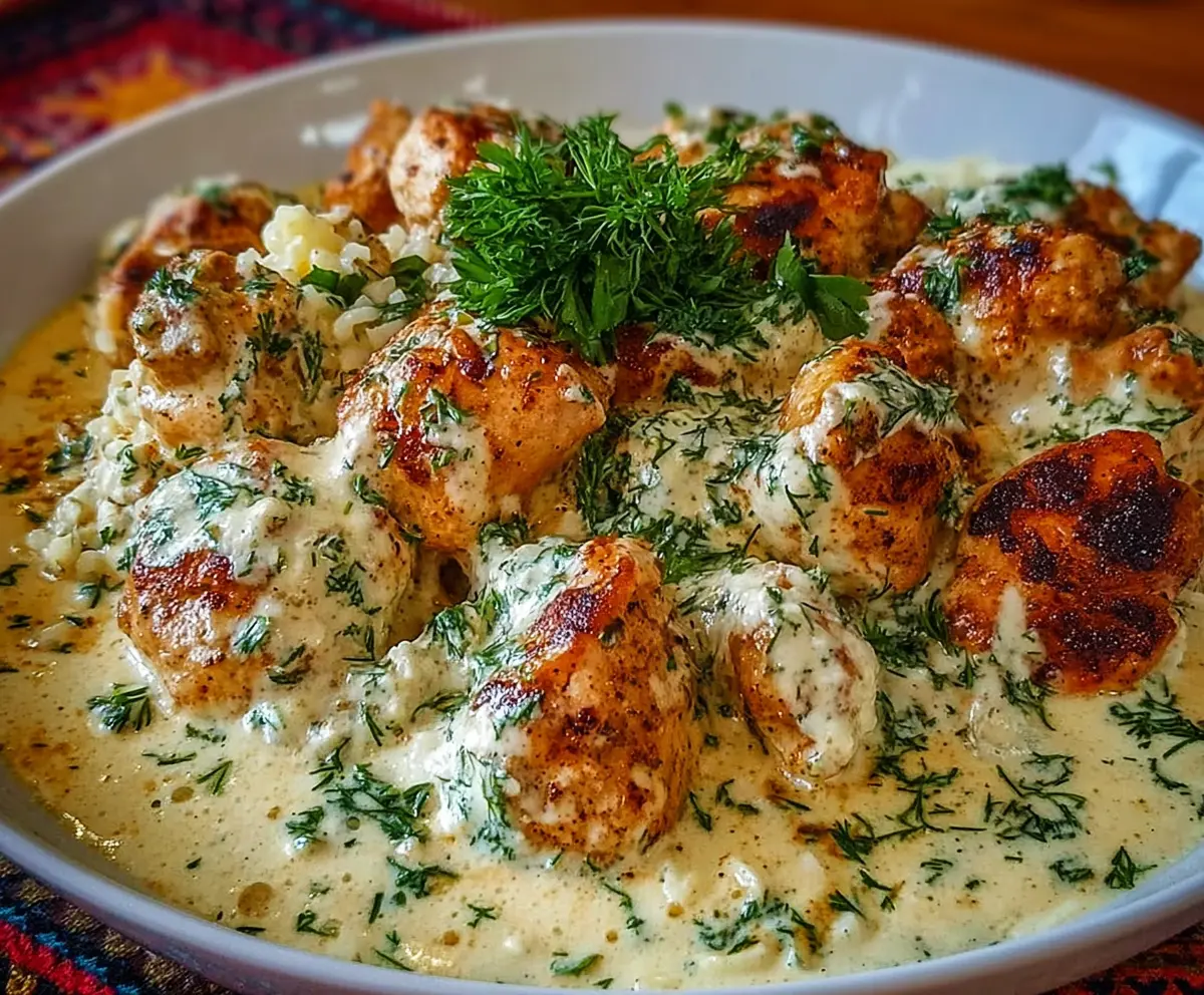 Delicious Turkish chicken dish served with a creamy white sauce, perfect for dinner.