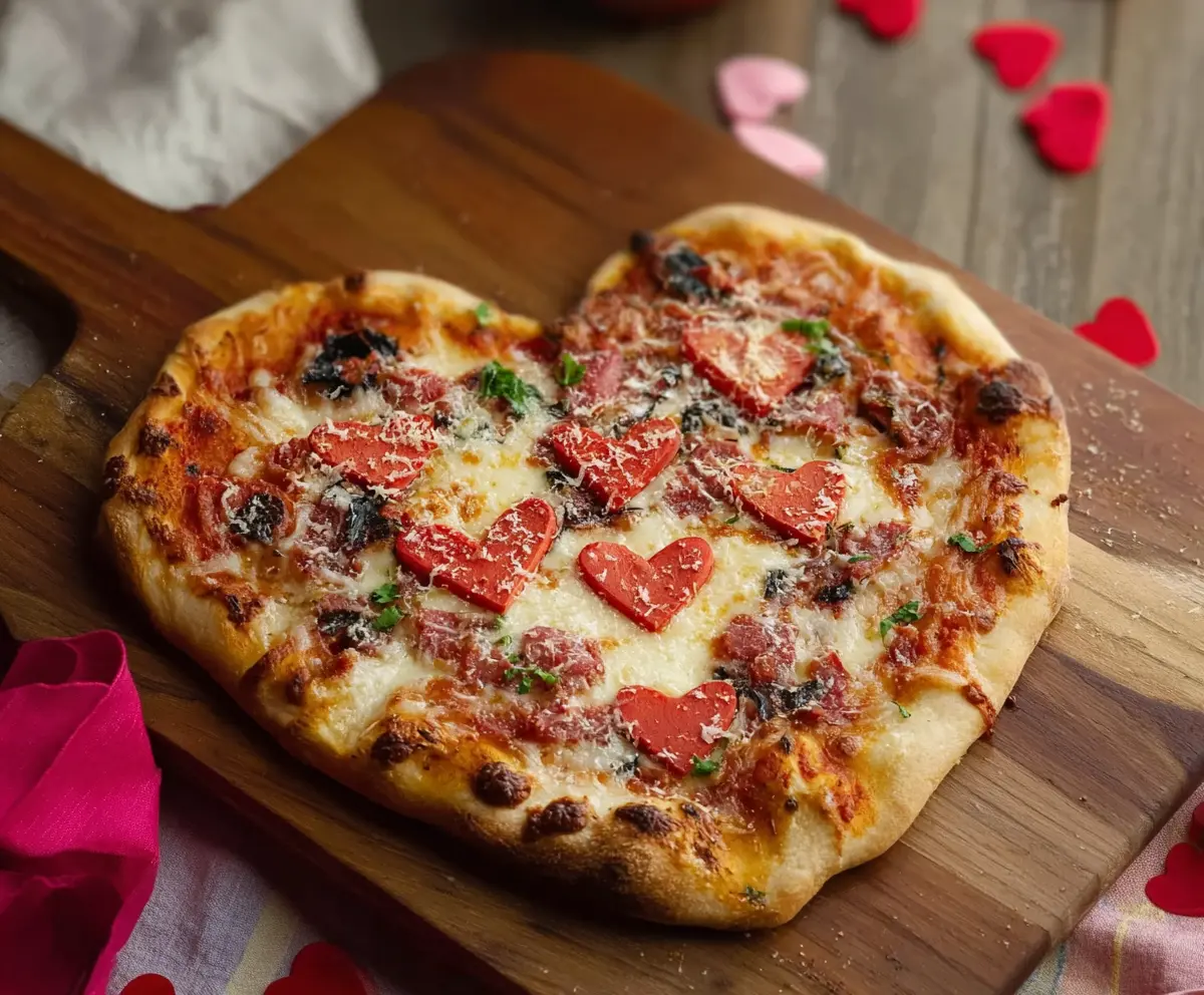 Delicious Valentine Pizza with heart-shaped toppings and vibrant ingredients for a romantic dinner.