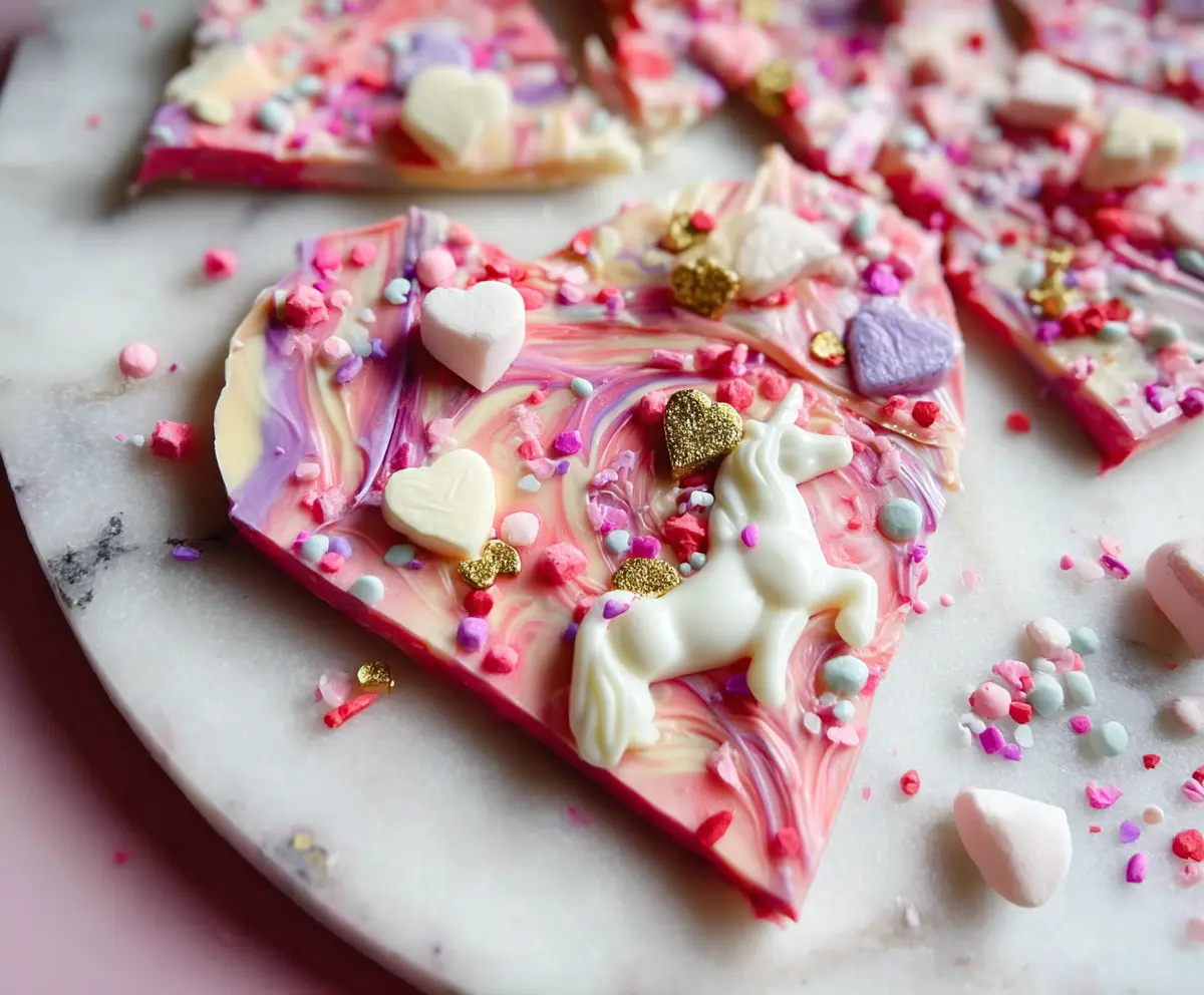 Colorful Valentine's Day Unicorn Bark with pink, purple, and white chocolate drizzles and decorative sprinkles.