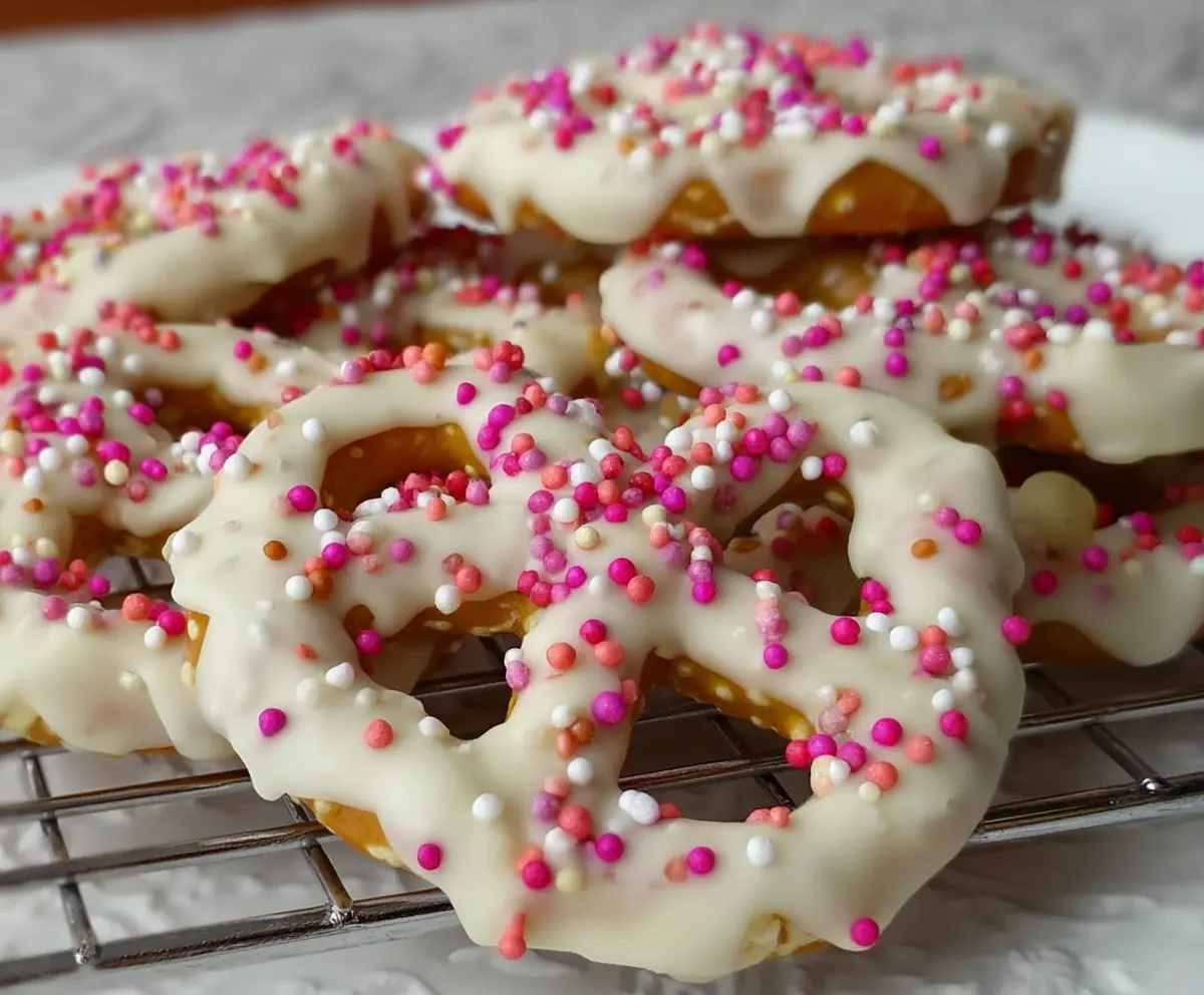 Delicious white chocolate pretzels on a white plate with a sprinkle of sea salt.