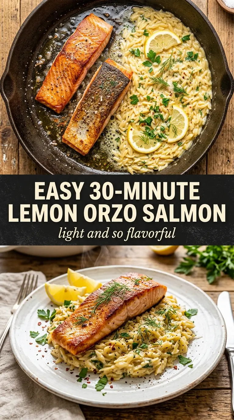 One Skillet Salmon with Lemon Orzo, bright buttery, one-pan