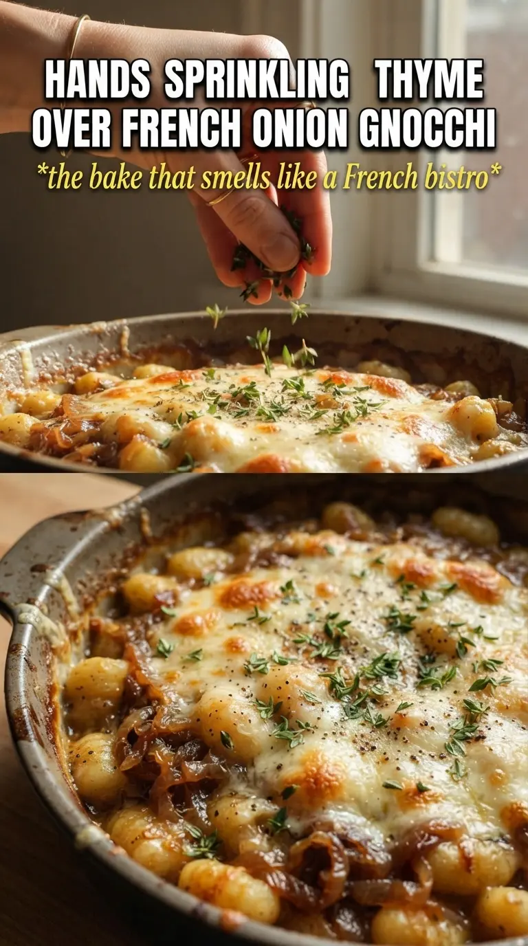 Baked French Onion Gnocchi, golden Gruyere, caramelized onion