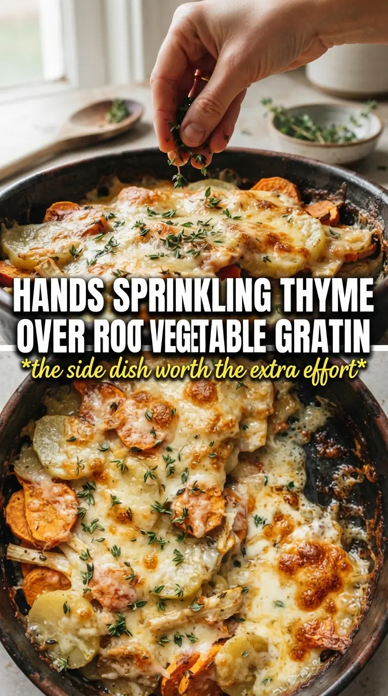 Cheesy Root Vegetable Gratin with golden bubbling layers