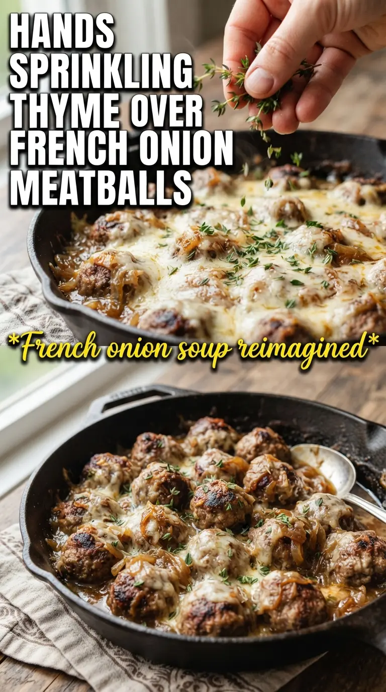 French onion meatballs with caramelized onions, broiled cheese