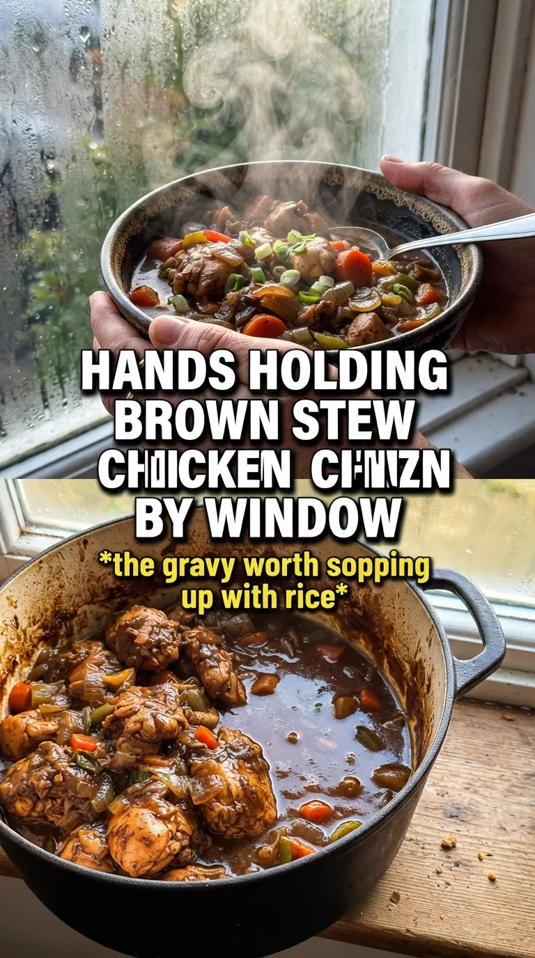Brown Stew Chicken with rich gravy, Jamaican spices, and caramelized peppers